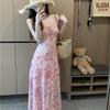Праздничный стиль размытое цветочное платье-сарафан на бретельках женское летнее французское уменьшающее возраст талия бедра юбка длинное платье женская мода