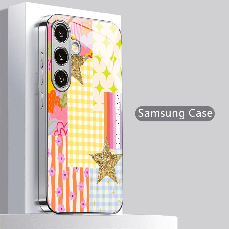 Блестящий Цветочный Узор со Звездами 2D Чехол для Телефона для Samsung S26 S25 S24 S23 S22 S21 S20 A56 A36 A16 Электрооцинкованная Стеклянная Защитная Крышка