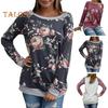 Women Tops Round Neck Raglan Long Sleeve Pullover Tops Flower Print Patchwork Color Mid-length Tee Shirt