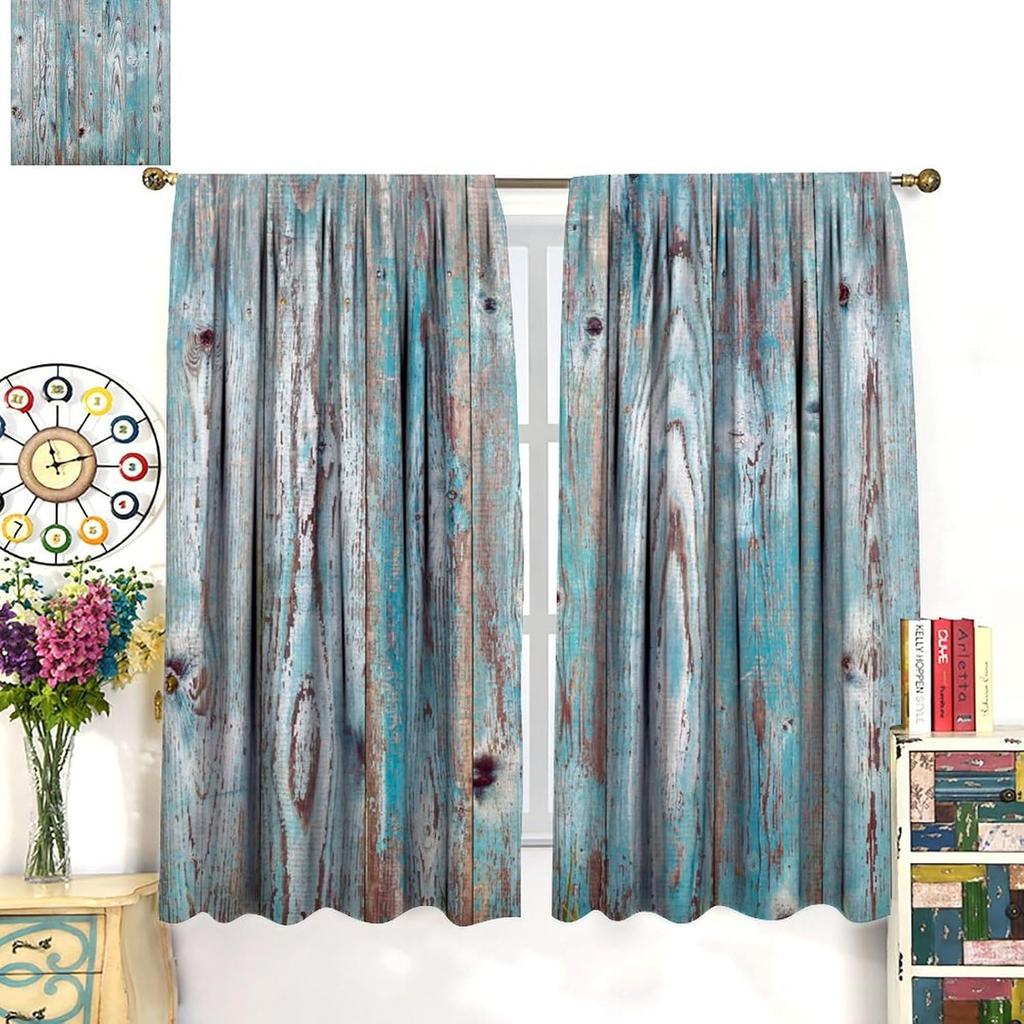 Синие дощатые шторы Рустикальные Винтажные Фермерский амбар Текстура досок Печать Блэкаут На штангу Оконные занавески Шторы для спальни