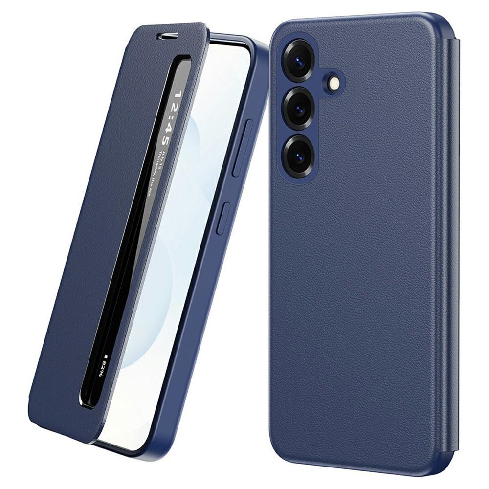 Синий кожаный чехол Samsung Galaxy S26 Plus с окном Smart View