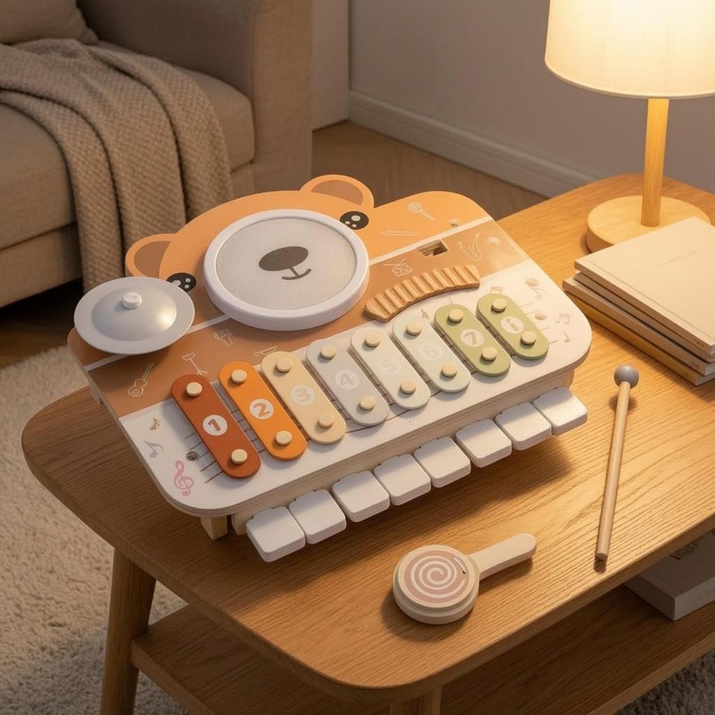 Wooden MultiInstrument Musical Toy Early Learning BearThemed Tabletop Music Board Educational