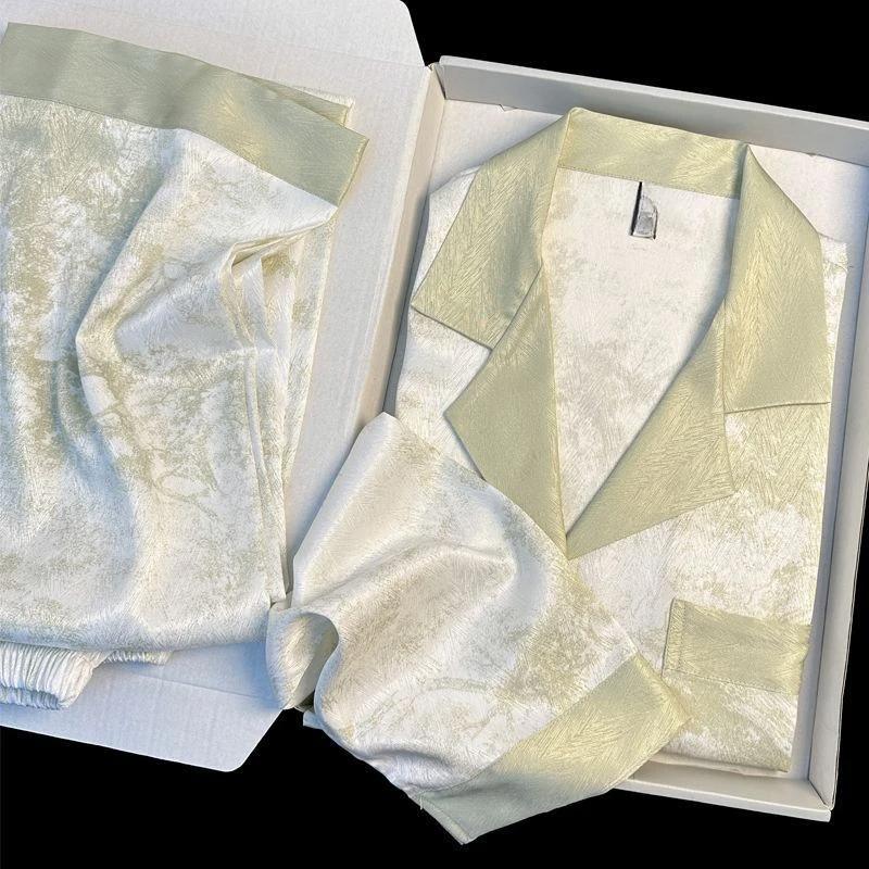 Осенне-зимняя женская домашняя одежда из шелка с отворотами и пуговицами, кардиган из 2 предметов, комплект одежды для женщин, пижама с принтом для женщин