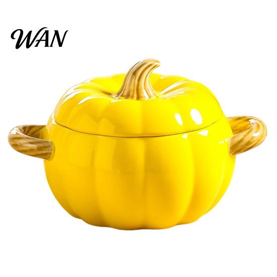 Handled Soup Bowl with Lid Pumpkin And Double Handle, Microwave Safe Decorative Practical Kitchen Gift for Home Ceramic Bowl, Heat Resistant Pot Stews