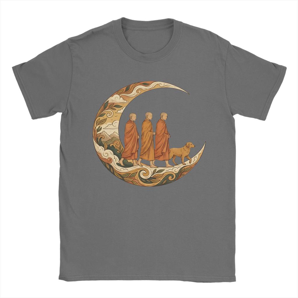 Walking for Peace Monks and Dog in a Crescent Moon Mens T Shirts Crazy Tee Shirt Short Sleeve TShirt Cotton Plus Size Clothes