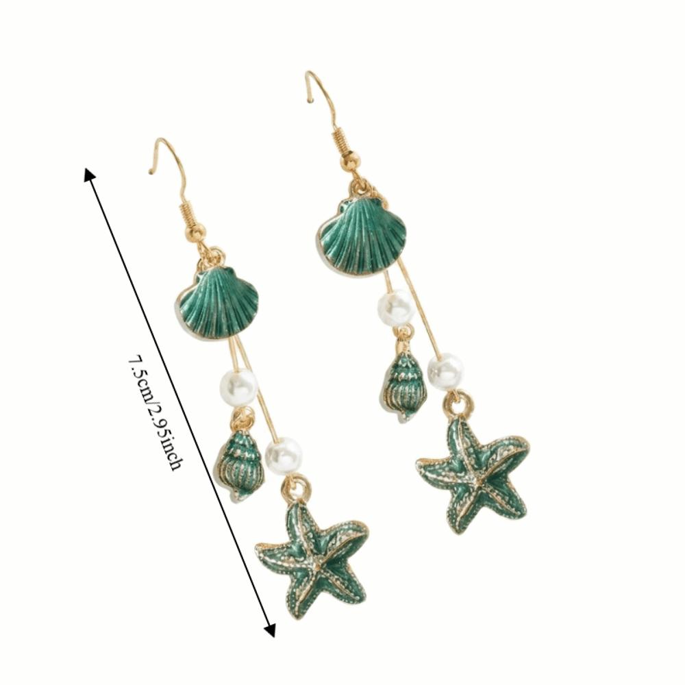 Bohemian Style Alloy Starfish Drop Earrings Conch Shell Long Tassel Earrings Geometric Shape Elegant Enamel Earrings Vacation