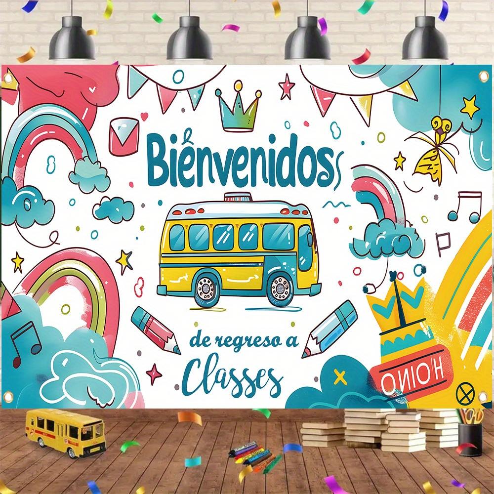 A Spanish banner welcoming students back to school with polyester fiber happily returning to the classroom background