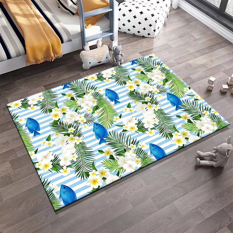 Tropical Blue Fish and Floral Pattern Carpet with Green Palm Leaves Suitable for use as an anti-slip for living room bedroom sofas