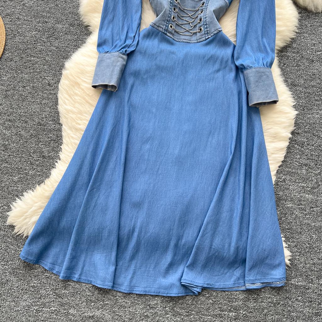 Весна Осень Женские Элегантные Бисероплетение Длинные Миди Вечерние Джинсовые Платья