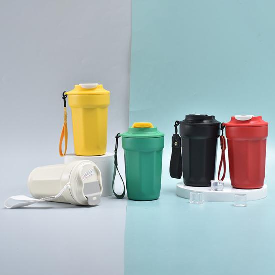 Кофейная чашка из нержавеющей стали с вакуумной изоляцией, гладкий край с веревкой для переноски, изоляционная кружка для офисного стола