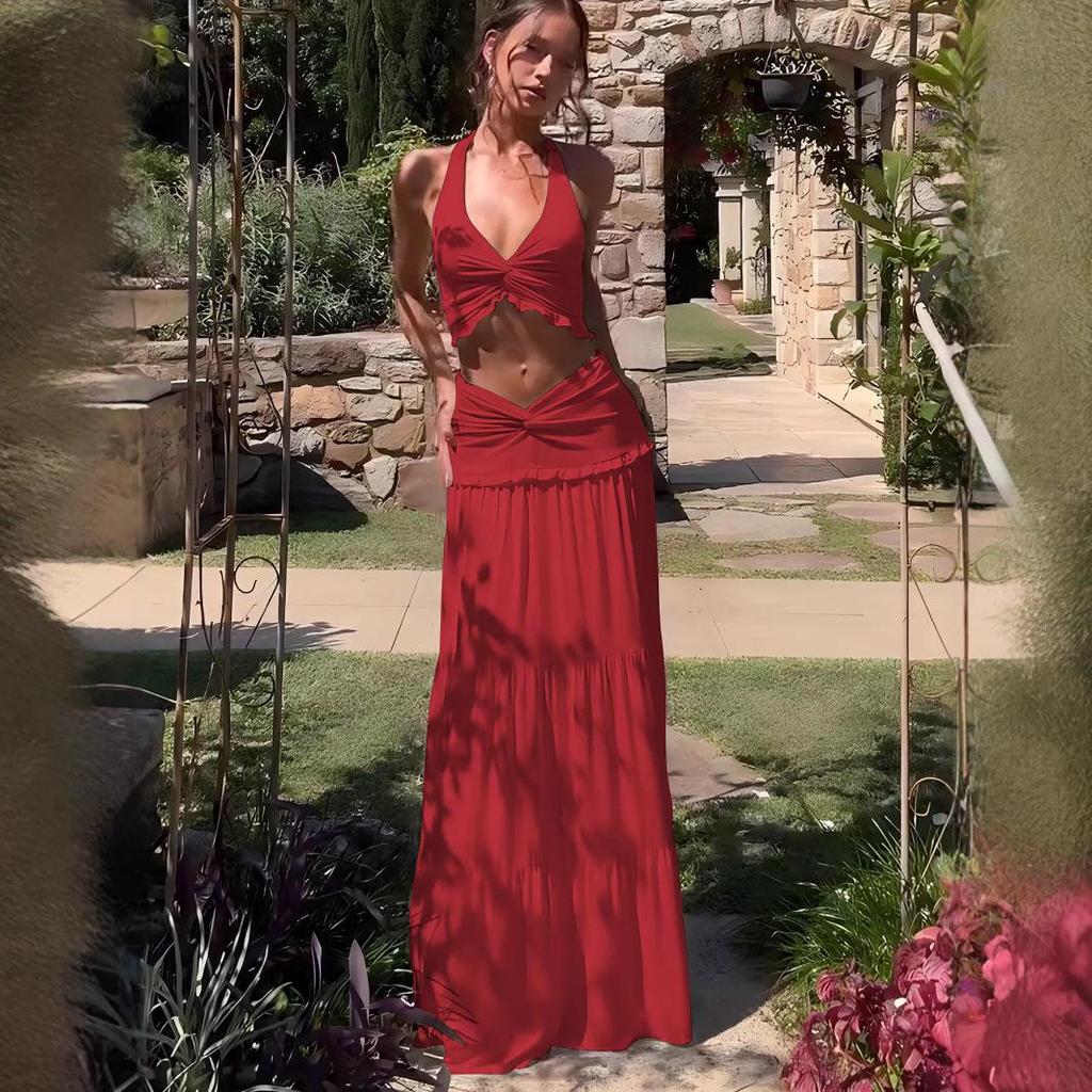 European & American Style Women's V-Neck Halter Camisole and Ruffle Skirt Set