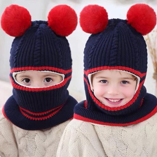 Детская шапка с плюшевыми помпонами, утолщенная вязаная шапка 3-в-1, шапка-шарф-маска, головной убор, эластичная посадка, ветрозащитная шапка