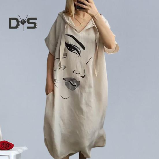 Женское платье с принтом лица, свободное платье с капюшоном и шнурком в богемном стиле с короткими рукавами, городской стиль, пуловер с разрезом по краю и боковым карманом, платье миди длиной до середины икры