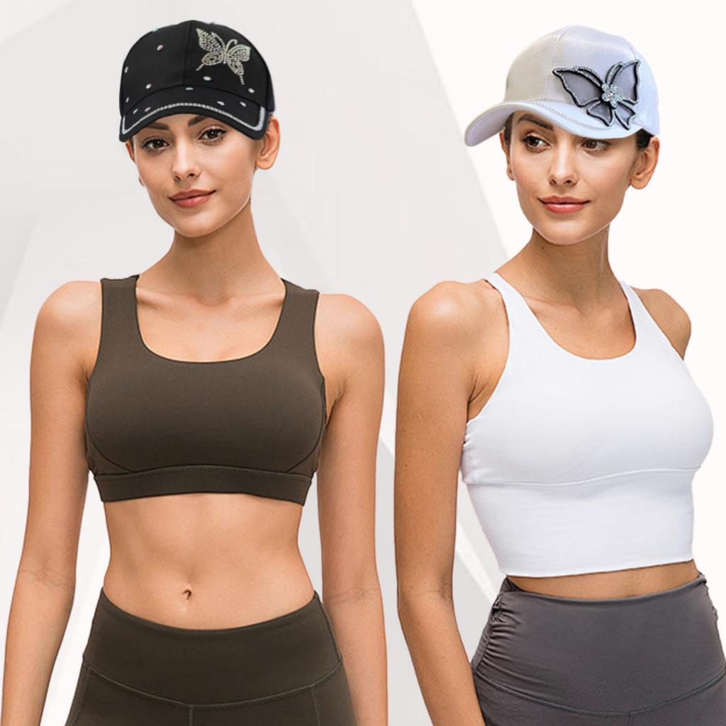 Fashion Women Rhinestone Butterfly Baseball Hat, Shiny Satin Sun Cap with Crystal Brim Decoration, Adjustable Elegant Casual Peaked Visor Hat