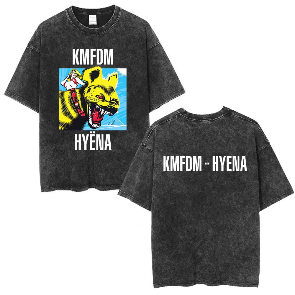 Стирка Винтажная Рок-группа Kmfdm Angst Графическая Футболка Мужская Женская Ретро Готика Панк Уличная Одежда Мужская Повседневная Футболки из Чистого Хлопка
