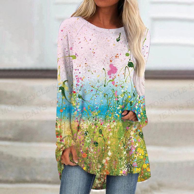 2023 Women's T-shirt Abstract Painting Print Tshirt Women Fashion T-shirt Plant Flowers T Shirt Long Sleeve Tops Tees Butterfly
