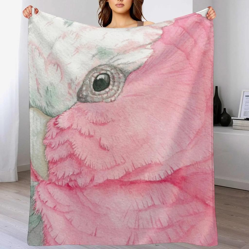 Watercolor Galah pink cockatoo watercolor portrait Throw Blanket Travel Size Cozy Blanket for Plane Train