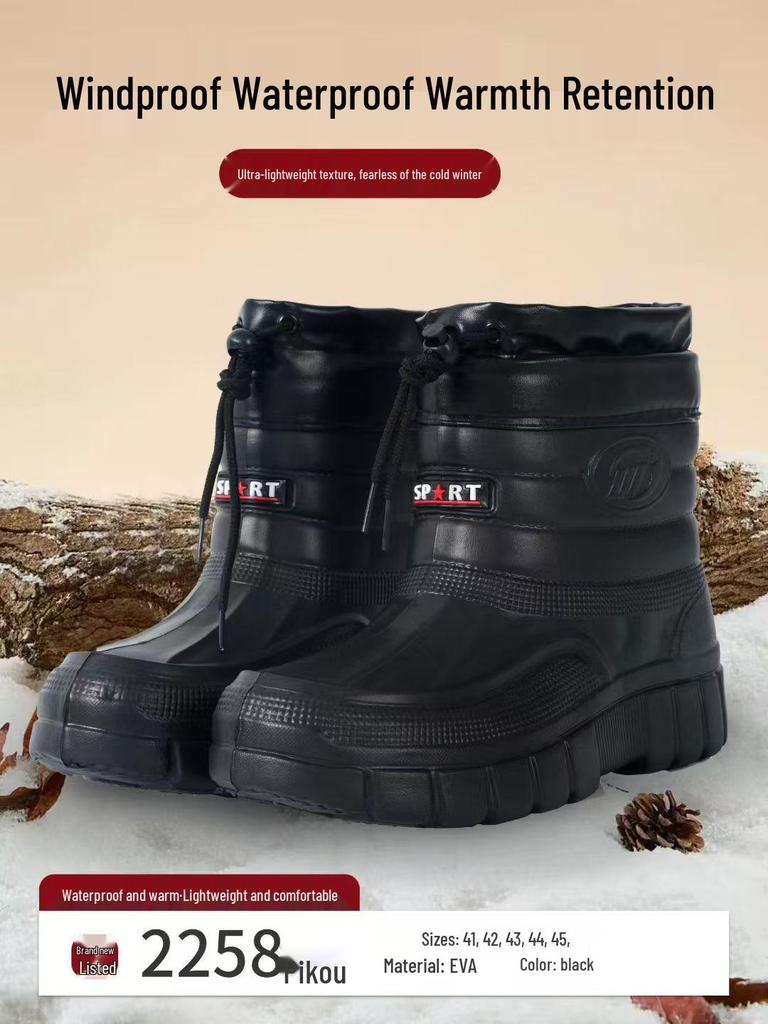 Мужские зимние сноубутсы на флисовой подкладке: Теплые, Водонепроницаемые, Нескользящие, Легкие, Удобные, Хлопковые Ботинки на Шнурке для Рыбалки