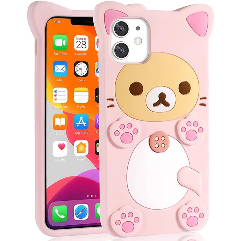 3D Милый Мультяшный Медведь Каваи Мягкий Силиконовый Чехол для IPhone 16 15 14 13 11 Pro Max Plus 12 Mini XS XR X Женский Забавный Чехол для Телефона