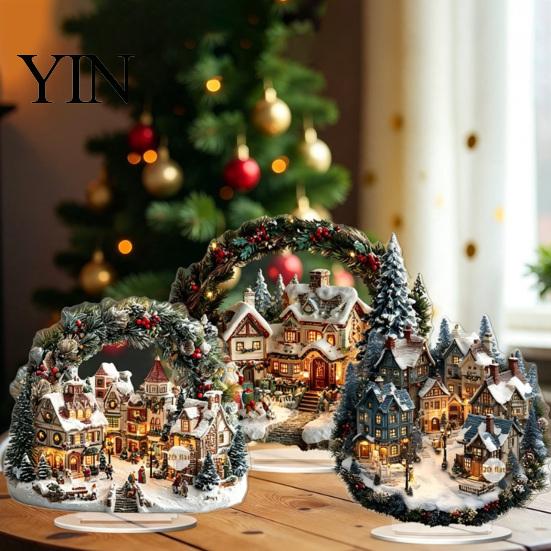 Seasonal Home Accents Christmas Village Houses Table Decoration, Snow Scene Patterns 2D Acrylic Santa Claus Hanging Decor Ornament, Decorative