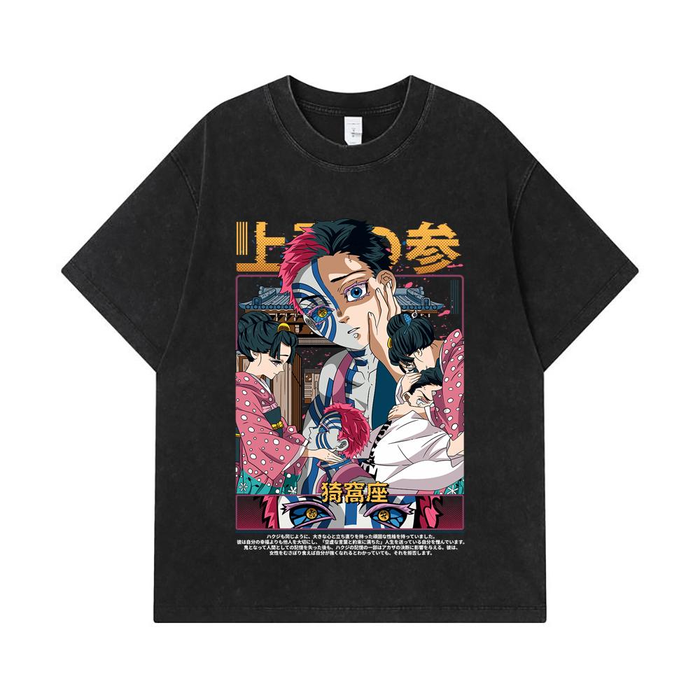275 GSM Washed T-shirts 100% Cotton Demon Slayer V25 Akaza Print Unisex Heavy Cotton T Shirt