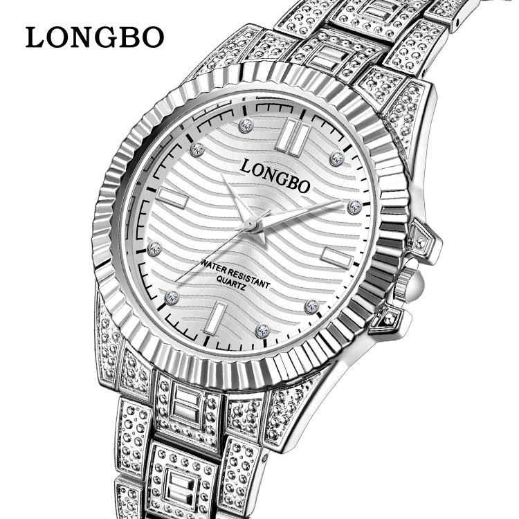 LONGBO 83611 Кварцевые Часы Водонепроницаемые Светящиеся Нержавеющая Сталь Календарь Полностью Алмазный Золотой Дизайн Роскошные Наручные Часы для Пары