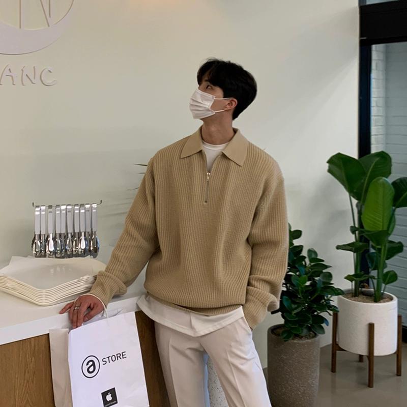 POLO Collar Sweater Men's Winter Thickened Loose Half-Zip Knit Sweater Autumn and Winter Lazy Japanese Retro Jacket