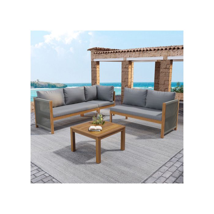 Salon de jardin, canapé d'angle + table basse, plateau en bois d'acacia, corde tressée, gris