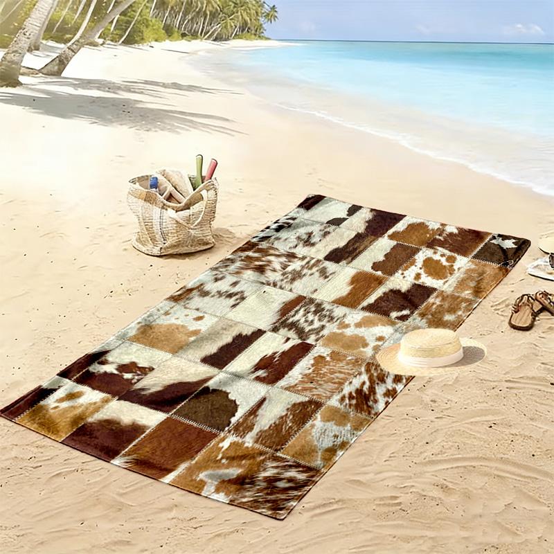 Rustic Cowhide Style Print Beach Towel, Large Soft Quick Dry Towel for Beach Camping Swimming
