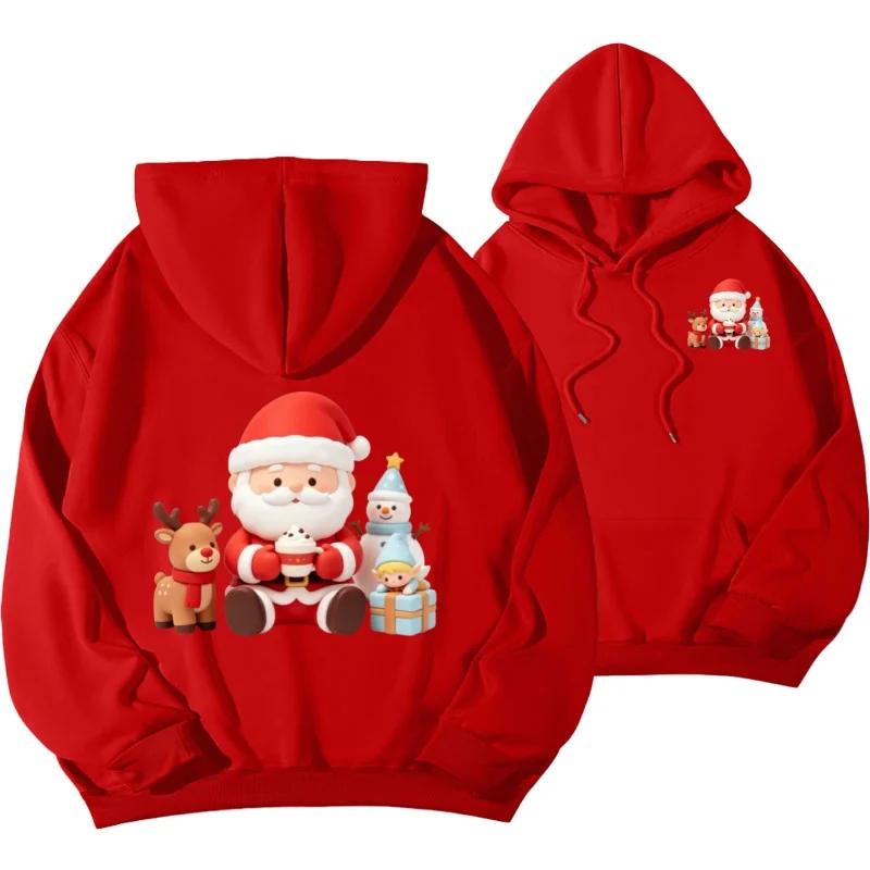 Chibi-xmas Men Hoodie Hooded Top, Cute Santa Reindeer Snowman Front Chest & Big Back Print, Warm Fleece Pullover Sweatshirt for Weekend City Roams