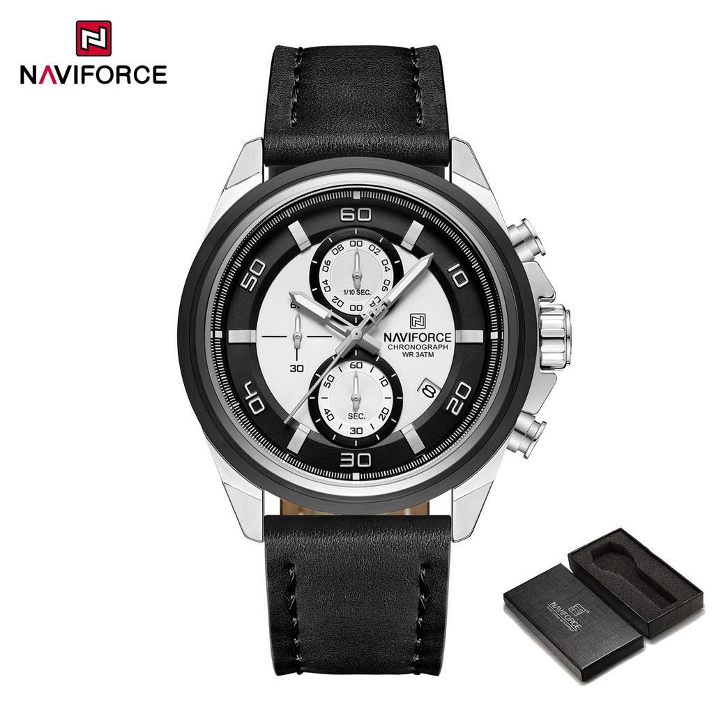 Naviforce Мужские кожаные часы секундомер хронограф календарь светящаяся стрелка водонепроницаемые 3ATM повседневные деловые модные часы NF8075