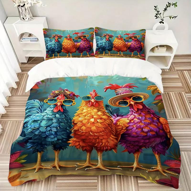 3pcs Colorful Chickens Duvet Cover Set, 1 Duvet Cover + 2 Pillowcases (No Insert), High-Definition Print, Home & Dorm yy251123042