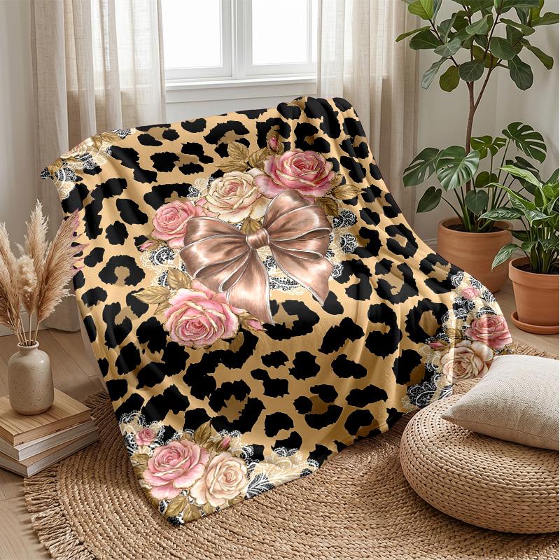 Leopard Roses Heart Theme blanket Lightweight Warm Flannel Blanket Decorative Throw Blanket for Home Decoration