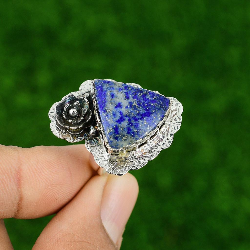 Sterling Silver Natural Lapis Lazuli Wedding Daughter Boho Flower Solitaire Ring