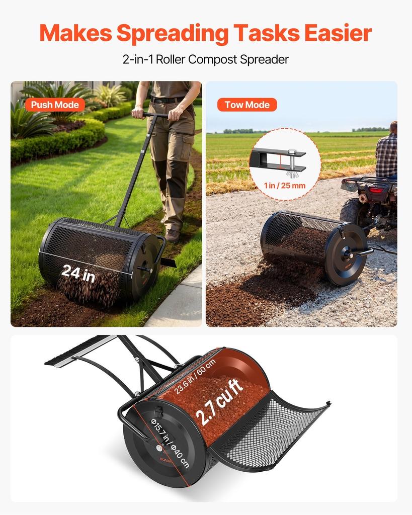 Compost Spreader, 61 cm Wide Peat Moss Spreader with Push/Tow Handle & Brush, 4 Heights Adjustable, Powder-Coated Steel Garden Peat Moss Roller, Heavy