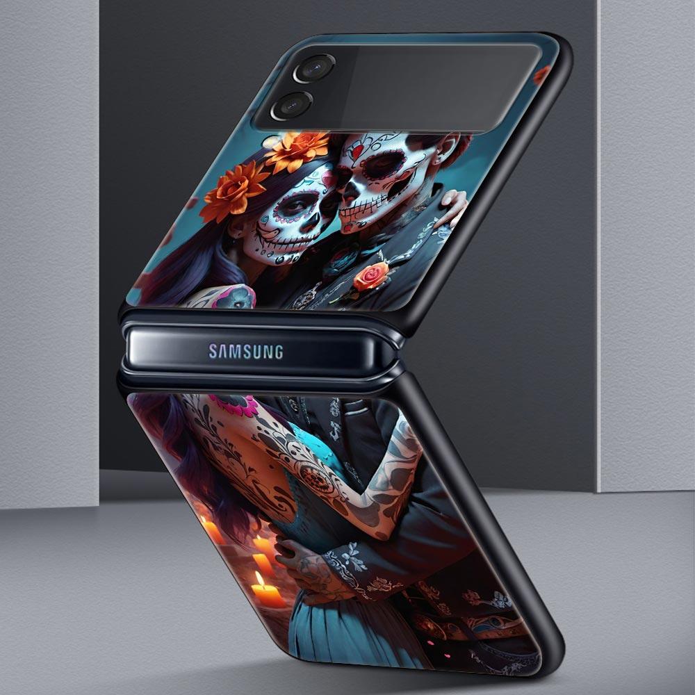 Жесткий ПК чехол для телефона Samsung Galaxy Z Flip 7 6 5 4 Черная крышка для Galaxy Z Flip 3 Складной противоударный Скелет Любовь Череп Сумка