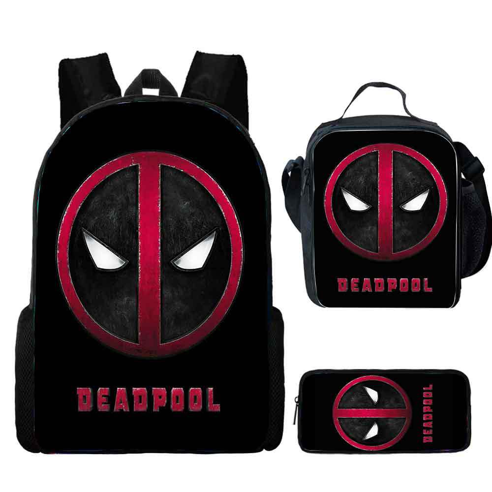 Deadpool Cartoon Children's School Bag Meal Bag Pencil Bag Three-piece Set Elementary School Backpack Backpack Large Capacity Hot Sale