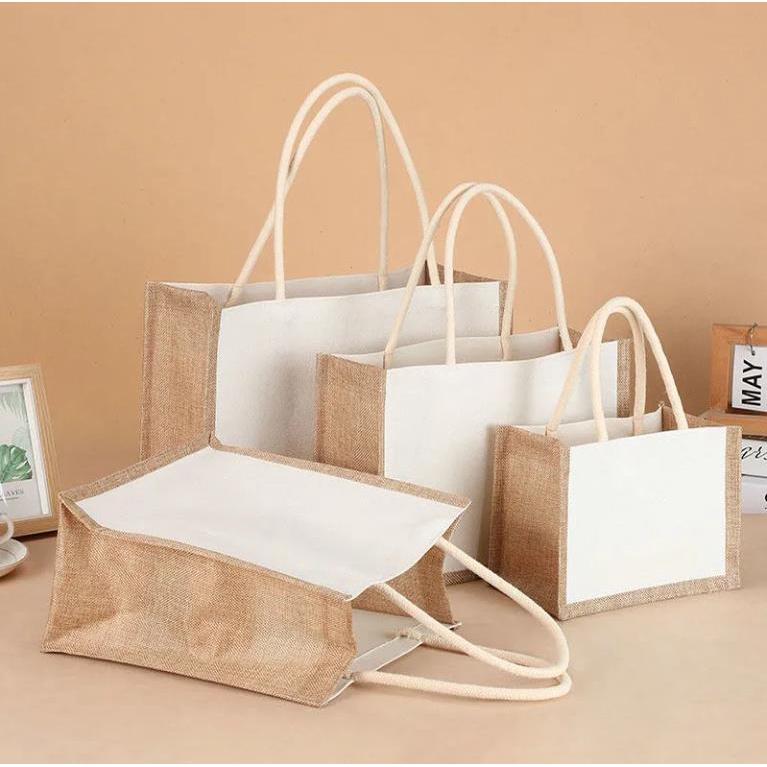 Экологически чистая многоразовая джутовая сумка Сумки-тоут из мешковины Водонепроницаемые сумки из натурального льна с мягкими хлопковыми ручками и ламинированной внутренней частью