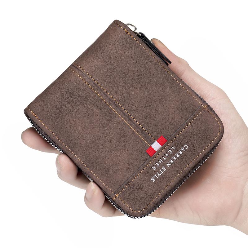 Men's Large Capacity Short Wallet Fashion Retro Trifold Zipper Multi-Card Holder with Chain Accessory