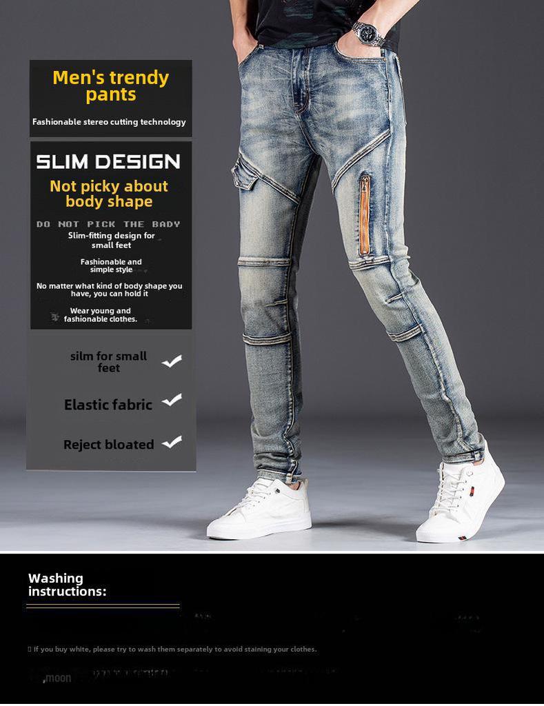 Ностальгические синие эластичные узкие джинсы в мотоциклетном стиле для мужчин - облегающие брюки из денима с модной строчкой