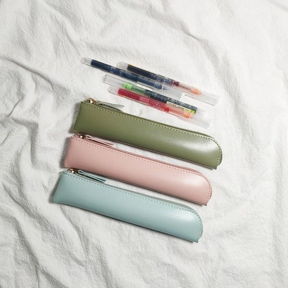 Solid Color Student Stationery Box Leather Pencil Organizer Case PU Pencil Case School Supplies