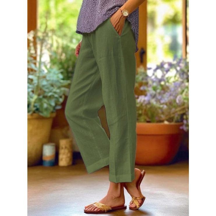 GMXIA Women's Cotton and Linen Loose Solid Color Elastic Waist Pocket Straight Leg Casual Pants