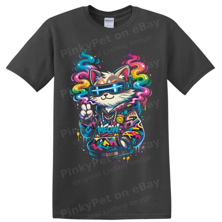 420 Cat DJ T Shirt w/ Neon Sunglasses Rainbow Smoke Graphic Festival Art Tee