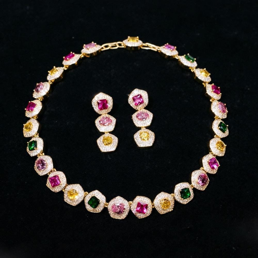 Luxury Multicolor Zircon Necklace Earring Bracelet Set for Women Elegant Geometric Design Crystal Jewelry Party Wedding gift