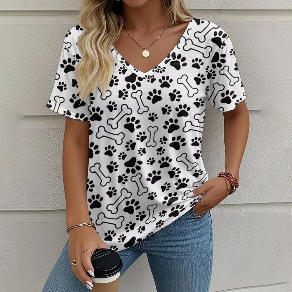 Винтажная женская футболка с принтом лапы собаки, с коротким рукавом, с V-образным вырезом, топы, удобные футболки