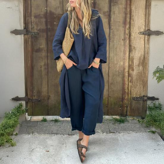 Женские комплекты из двух частей, длинный рукав, нерегулярный пуловер, топ с V-образным вырезом и широкий