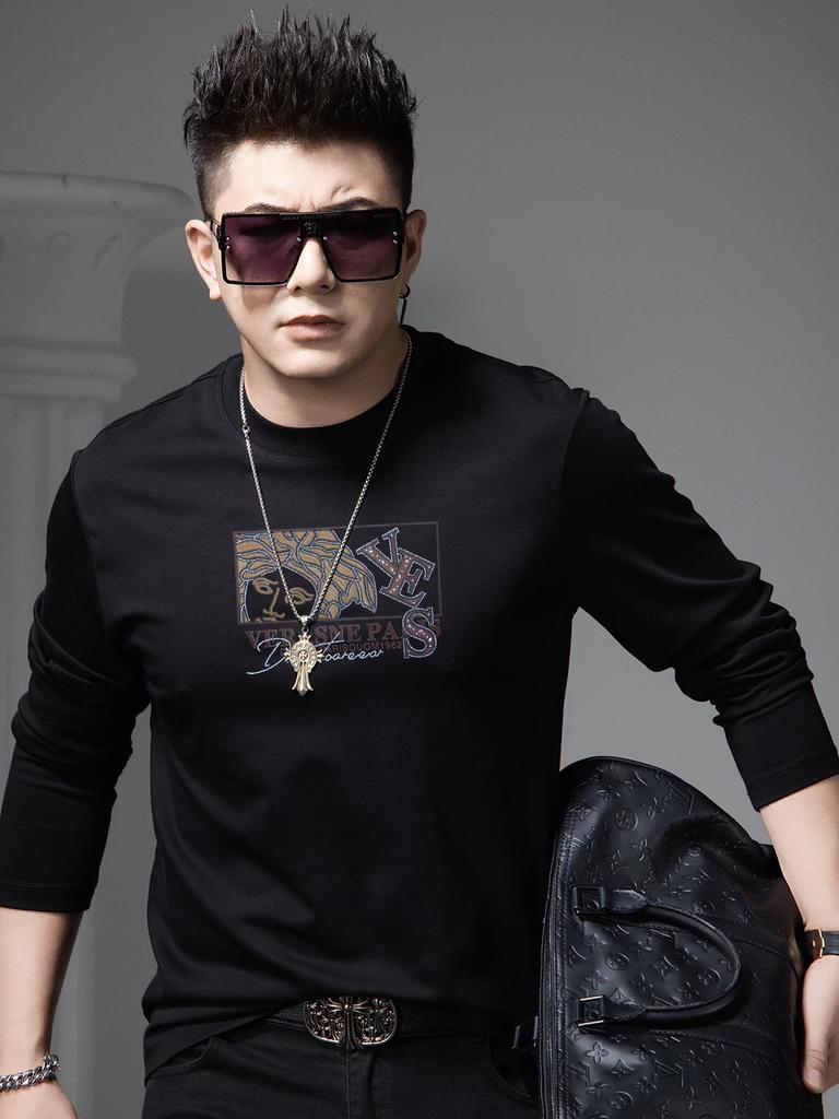 European Style Round Neck Long Sleeve T-Shirt for Men, 2025 Autumn New Trendy Printed Rhinestone Base Shirt Casual Top