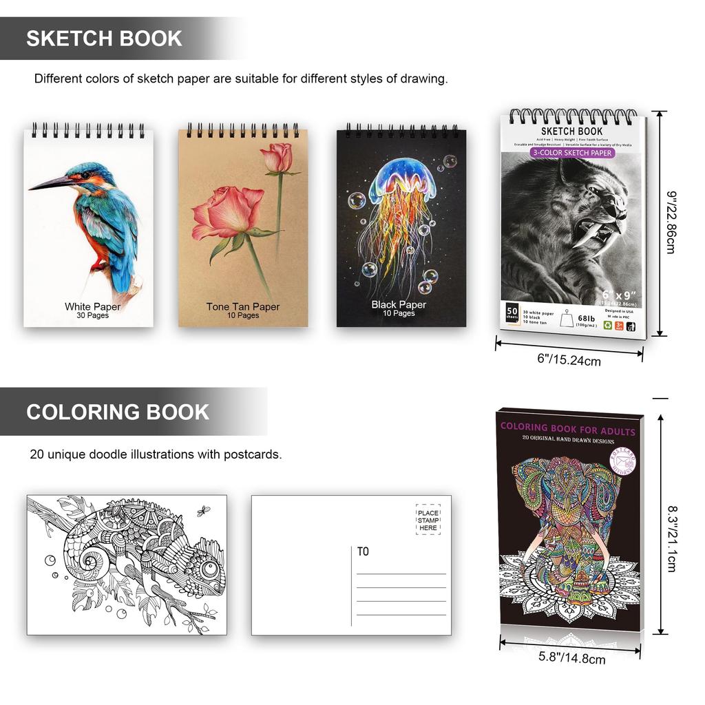 HIFORNY Drawing Sketching Set Professional Art Supplies Metallic Blending Coloring Zipper Case & Graphite, Charcoal, Color, Watercolor, Pencil, Tool,