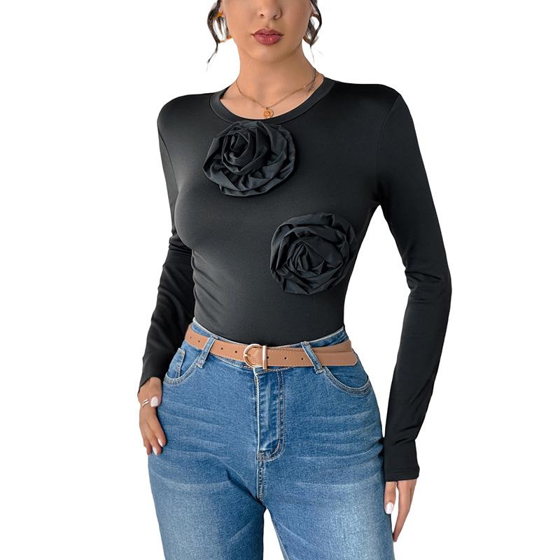 Осенний женский комбинезон с высокой эластичностью, длинными рукавами, однотонный боди с кубическим цветком и круглым вырезом