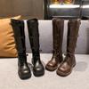 Массивные женские сапоги до колена, модные, сексуальные, тонкие, черные, коричневые, кожаные, с пряжкой, на ремне, гладиаторские, длинные, на платформе, обувь на осень-зиму